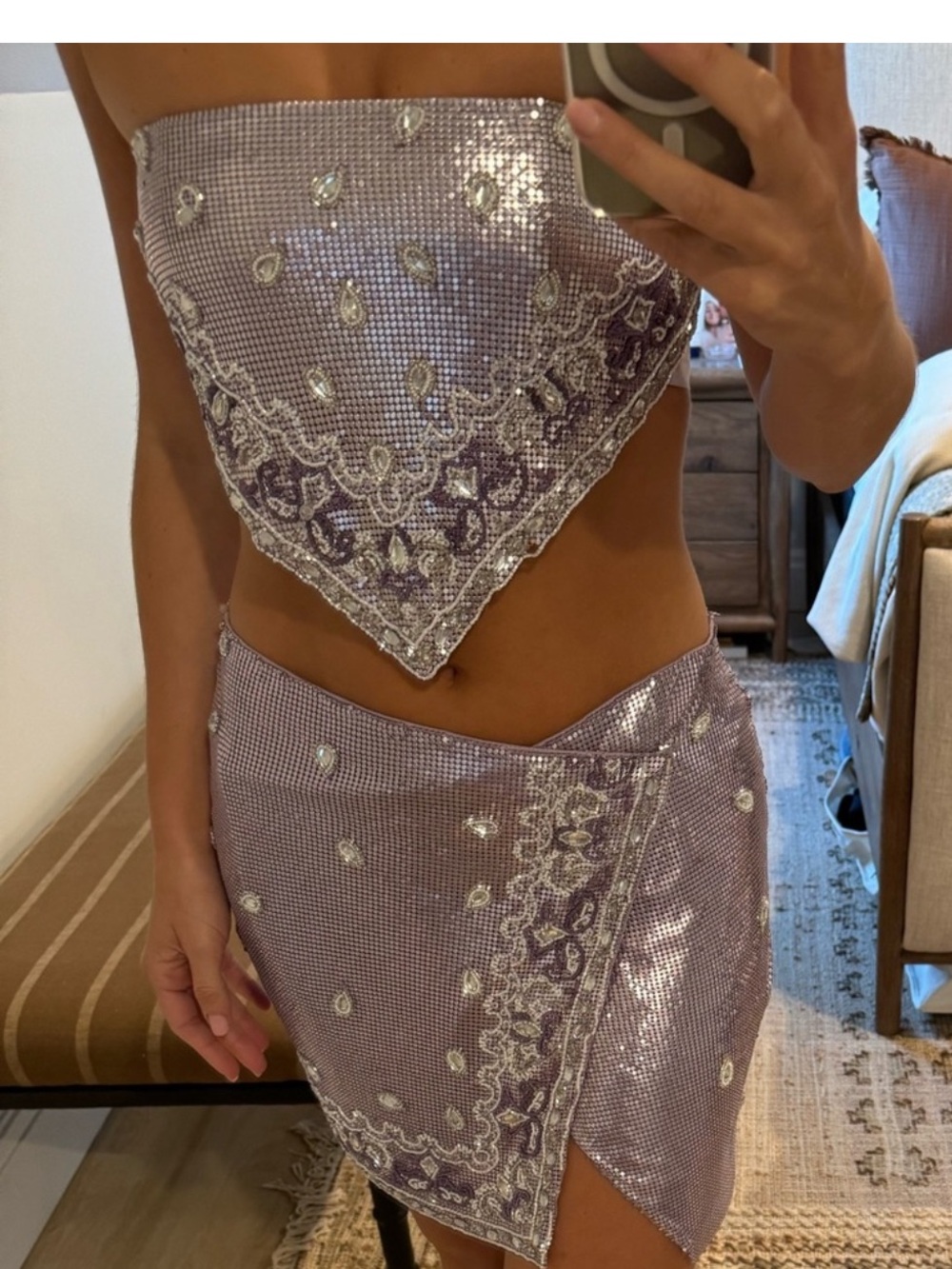Retrofete Milos Embellished
Beaded Chainmail Top & Skirt Set